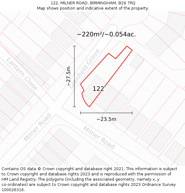 122, MILNER ROAD, BIRMINGHAM, B29 7RQ: Plot and title map