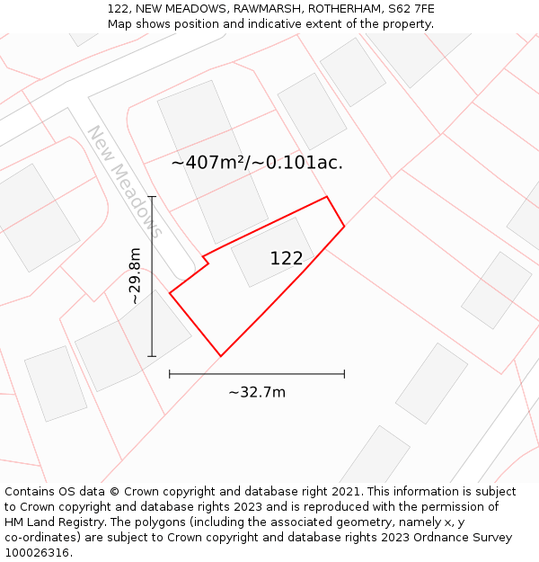 122, NEW MEADOWS, RAWMARSH, ROTHERHAM, S62 7FE: Plot and title map