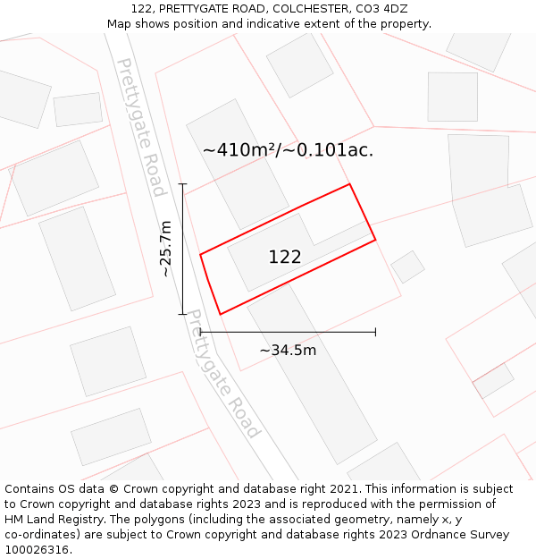 122, PRETTYGATE ROAD, COLCHESTER, CO3 4DZ: Plot and title map