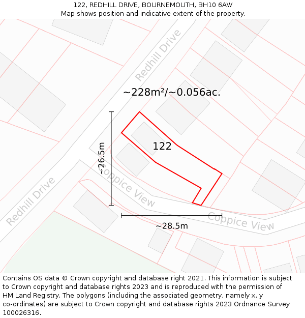 122, REDHILL DRIVE, BOURNEMOUTH, BH10 6AW: Plot and title map