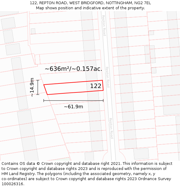 122, REPTON ROAD, WEST BRIDGFORD, NOTTINGHAM, NG2 7EL: Plot and title map