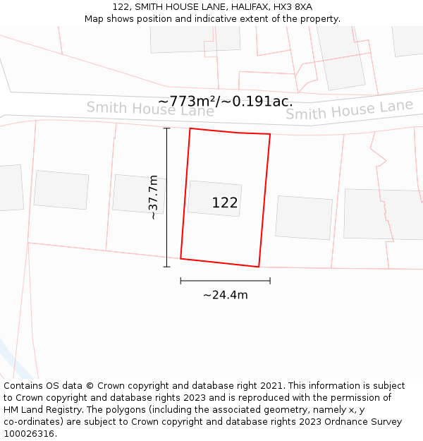 122, SMITH HOUSE LANE, HALIFAX, HX3 8XA: Plot and title map