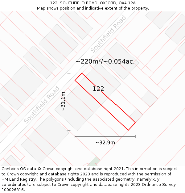 122, SOUTHFIELD ROAD, OXFORD, OX4 1PA: Plot and title map