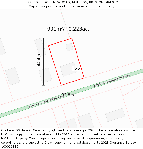 122, SOUTHPORT NEW ROAD, TARLETON, PRESTON, PR4 6HY: Plot and title map