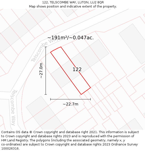 122, TELSCOMBE WAY, LUTON, LU2 8QR: Plot and title map