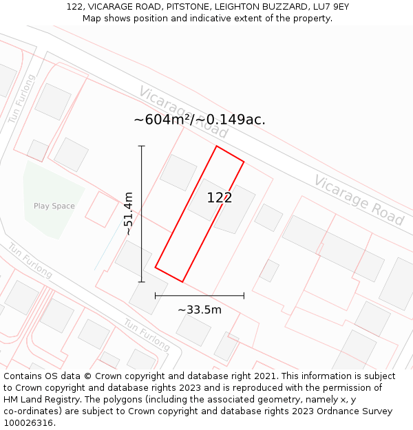 122, VICARAGE ROAD, PITSTONE, LEIGHTON BUZZARD, LU7 9EY: Plot and title map