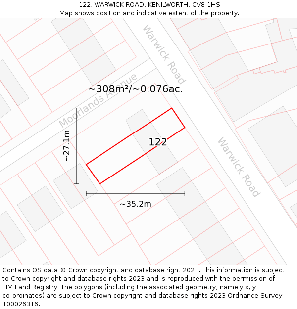 122, WARWICK ROAD, KENILWORTH, CV8 1HS: Plot and title map