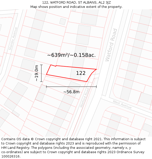 122, WATFORD ROAD, ST ALBANS, AL2 3JZ: Plot and title map