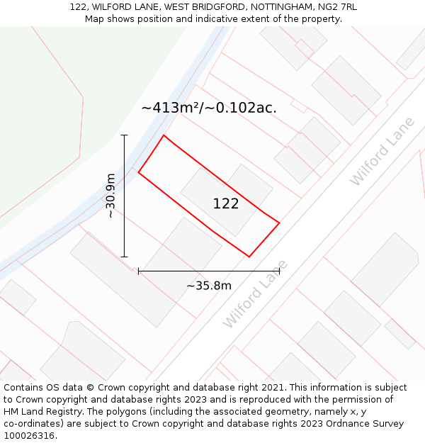 122, WILFORD LANE, WEST BRIDGFORD, NOTTINGHAM, NG2 7RL: Plot and title map