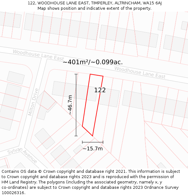 122, WOODHOUSE LANE EAST, TIMPERLEY, ALTRINCHAM, WA15 6AJ: Plot and title map