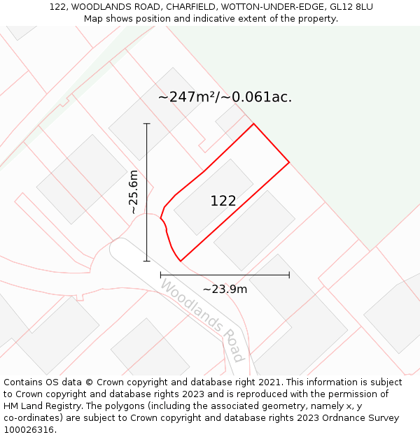 122, WOODLANDS ROAD, CHARFIELD, WOTTON-UNDER-EDGE, GL12 8LU: Plot and title map