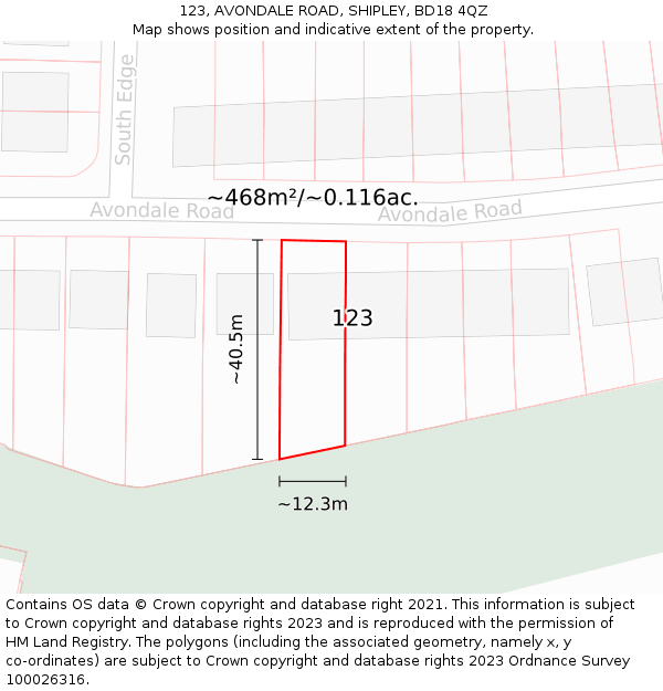 123, AVONDALE ROAD, SHIPLEY, BD18 4QZ: Plot and title map