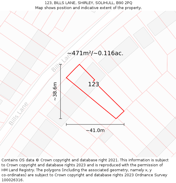 123, BILLS LANE, SHIRLEY, SOLIHULL, B90 2PQ: Plot and title map