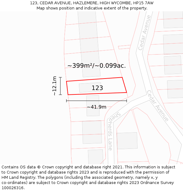 123, CEDAR AVENUE, HAZLEMERE, HIGH WYCOMBE, HP15 7AW: Plot and title map