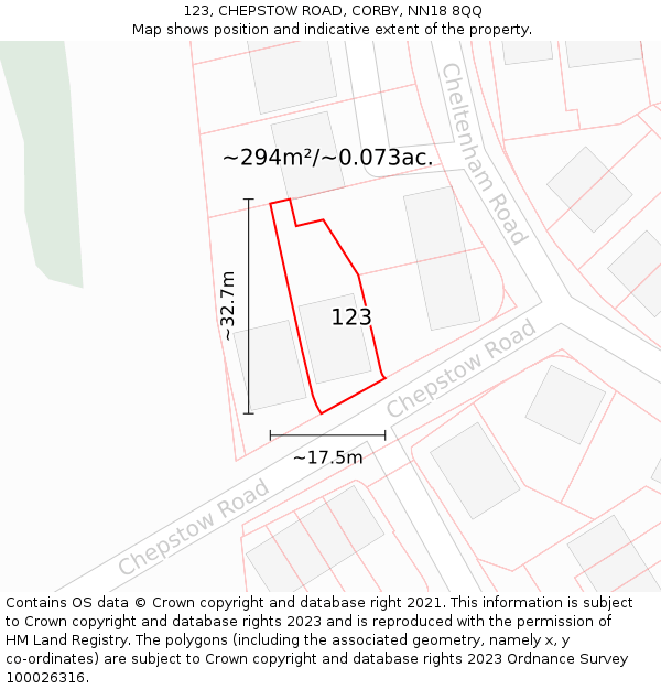 123, CHEPSTOW ROAD, CORBY, NN18 8QQ: Plot and title map