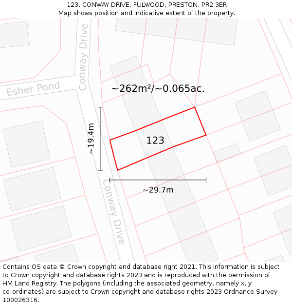 123, CONWAY DRIVE, FULWOOD, PRESTON, PR2 3ER: Plot and title map