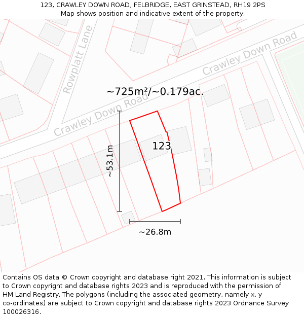 123, CRAWLEY DOWN ROAD, FELBRIDGE, EAST GRINSTEAD, RH19 2PS: Plot and title map