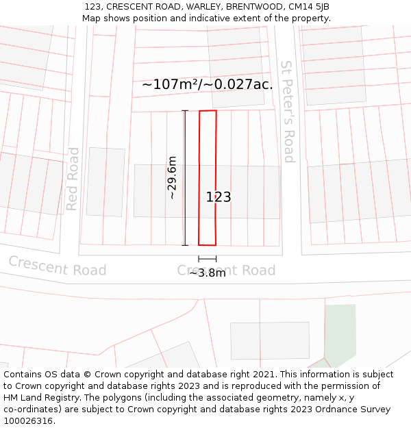 123, CRESCENT ROAD, WARLEY, BRENTWOOD, CM14 5JB: Plot and title map