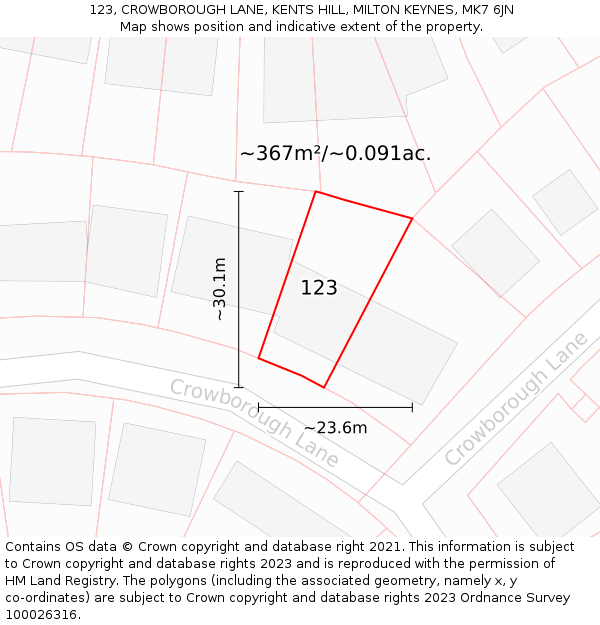 123, CROWBOROUGH LANE, KENTS HILL, MILTON KEYNES, MK7 6JN: Plot and title map