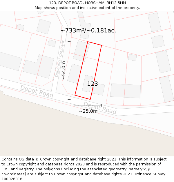 123, DEPOT ROAD, HORSHAM, RH13 5HN: Plot and title map