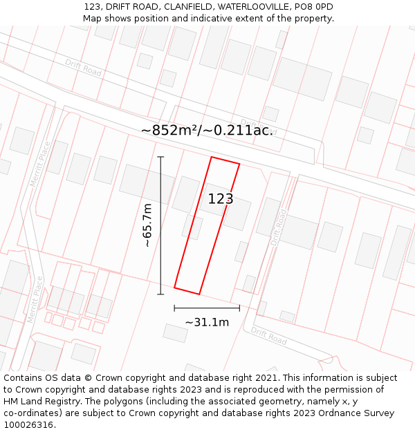 123, DRIFT ROAD, CLANFIELD, WATERLOOVILLE, PO8 0PD: Plot and title map