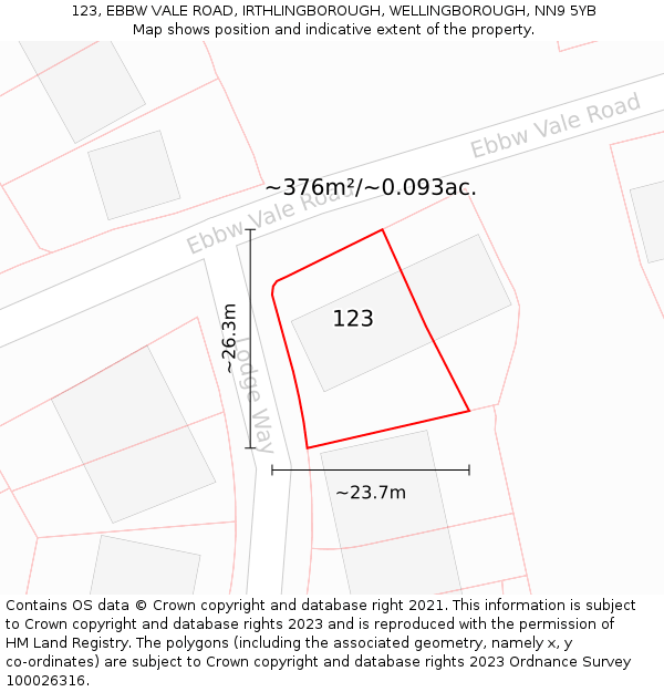 123, EBBW VALE ROAD, IRTHLINGBOROUGH, WELLINGBOROUGH, NN9 5YB: Plot and title map