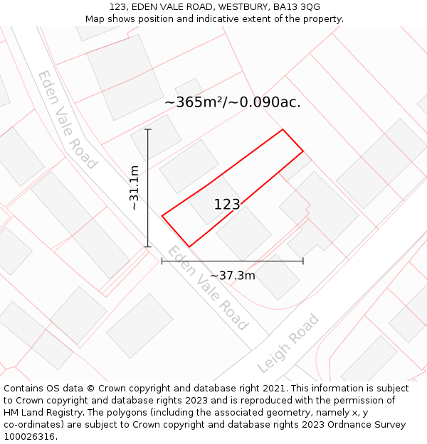 123, EDEN VALE ROAD, WESTBURY, BA13 3QG: Plot and title map