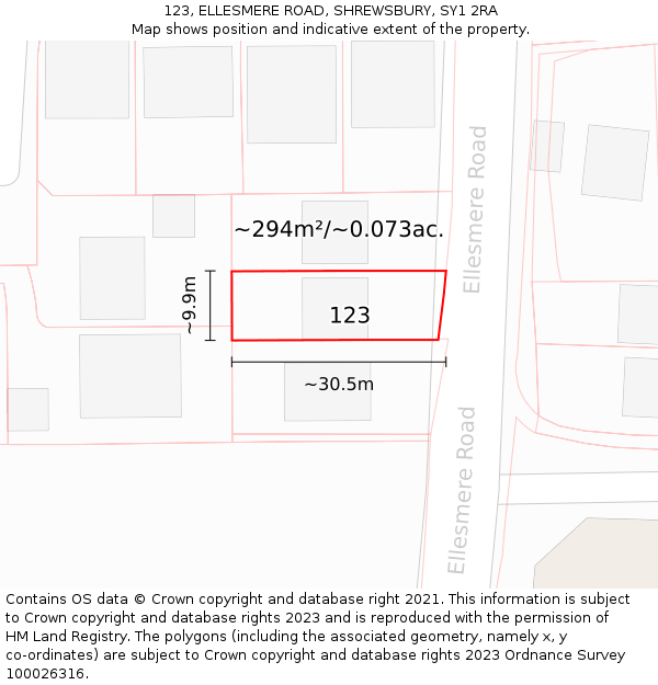 123, ELLESMERE ROAD, SHREWSBURY, SY1 2RA: Plot and title map