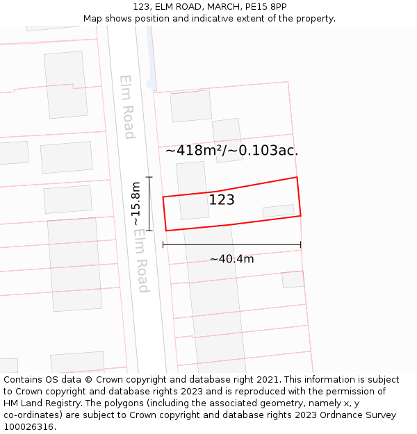 123, ELM ROAD, MARCH, PE15 8PP: Plot and title map