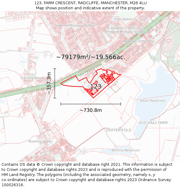 123, FARM CRESCENT, RADCLIFFE, MANCHESTER, M26 4LU: Plot and title map