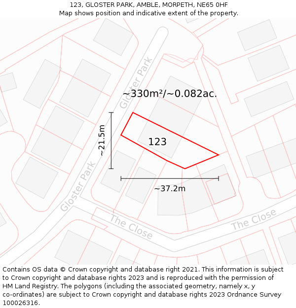 123, GLOSTER PARK, AMBLE, MORPETH, NE65 0HF: Plot and title map