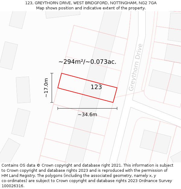 123, GREYTHORN DRIVE, WEST BRIDGFORD, NOTTINGHAM, NG2 7GA: Plot and title map