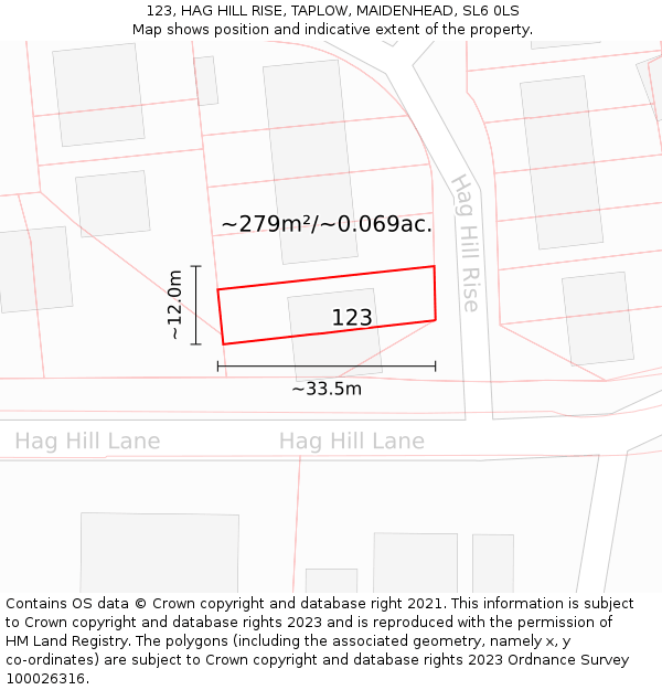 123, HAG HILL RISE, TAPLOW, MAIDENHEAD, SL6 0LS: Plot and title map