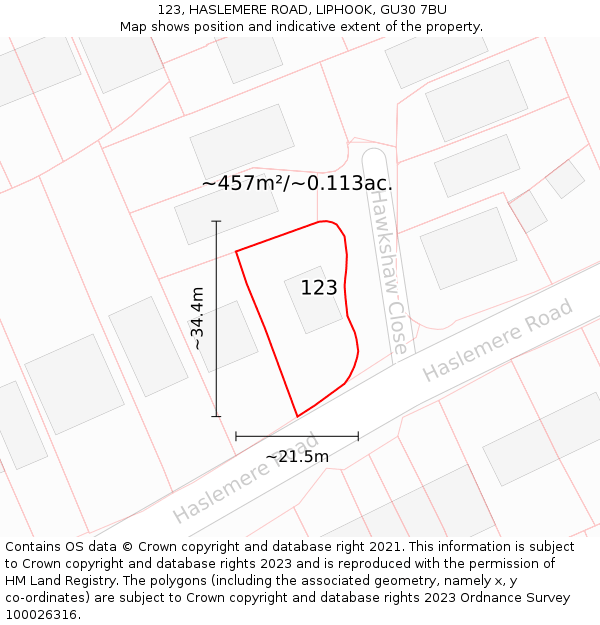 123, HASLEMERE ROAD, LIPHOOK, GU30 7BU: Plot and title map