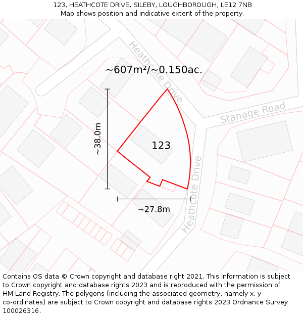 123, HEATHCOTE DRIVE, SILEBY, LOUGHBOROUGH, LE12 7NB: Plot and title map