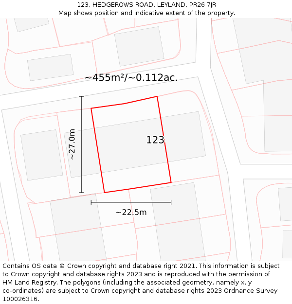 123, HEDGEROWS ROAD, LEYLAND, PR26 7JR: Plot and title map