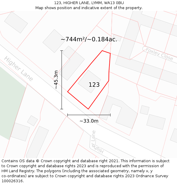 123, HIGHER LANE, LYMM, WA13 0BU: Plot and title map