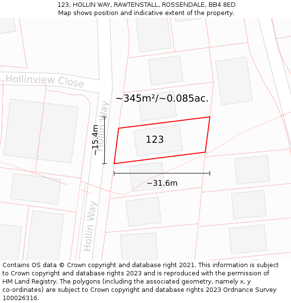 123, HOLLIN WAY, RAWTENSTALL, ROSSENDALE, BB4 8ED: Plot and title map