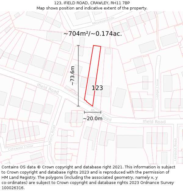 123, IFIELD ROAD, CRAWLEY, RH11 7BP: Plot and title map