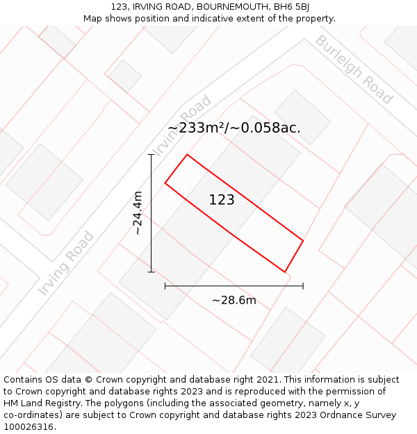 123, IRVING ROAD, BOURNEMOUTH, BH6 5BJ: Plot and title map