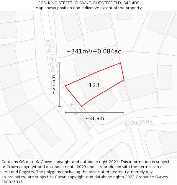 123, KING STREET, CLOWNE, CHESTERFIELD, S43 4BS: Plot and title map