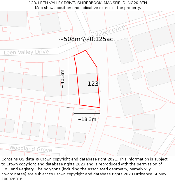 123, LEEN VALLEY DRIVE, SHIREBROOK, MANSFIELD, NG20 8EN: Plot and title map