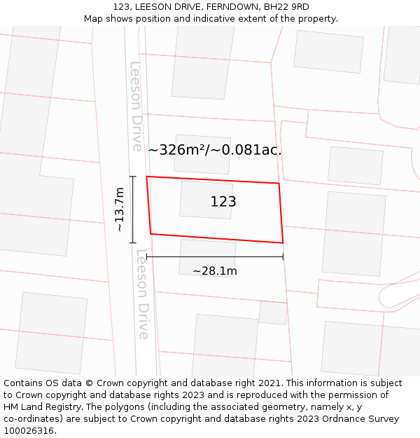 123, LEESON DRIVE, FERNDOWN, BH22 9RD: Plot and title map