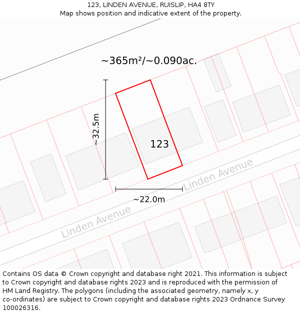 123, LINDEN AVENUE, RUISLIP, HA4 8TY: Plot and title map