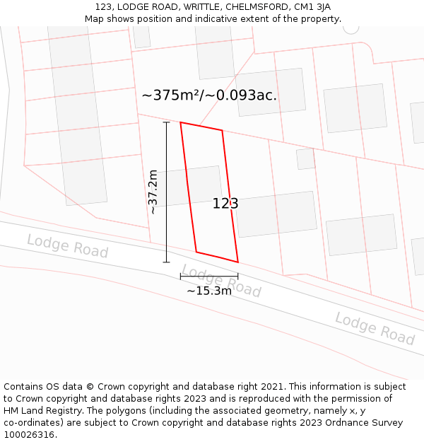 123, LODGE ROAD, WRITTLE, CHELMSFORD, CM1 3JA: Plot and title map