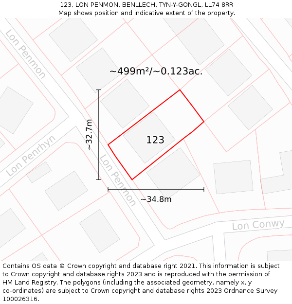 123, LON PENMON, BENLLECH, TYN-Y-GONGL, LL74 8RR: Plot and title map