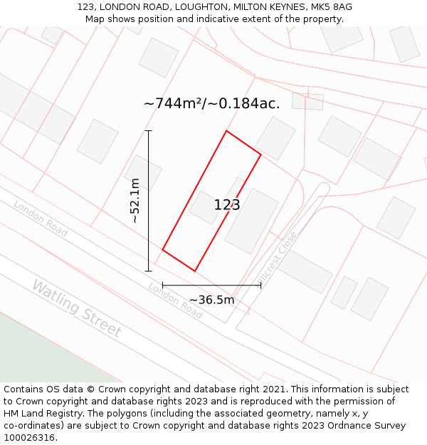 123, LONDON ROAD, LOUGHTON, MILTON KEYNES, MK5 8AG: Plot and title map