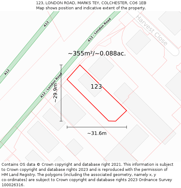 123, LONDON ROAD, MARKS TEY, COLCHESTER, CO6 1EB: Plot and title map