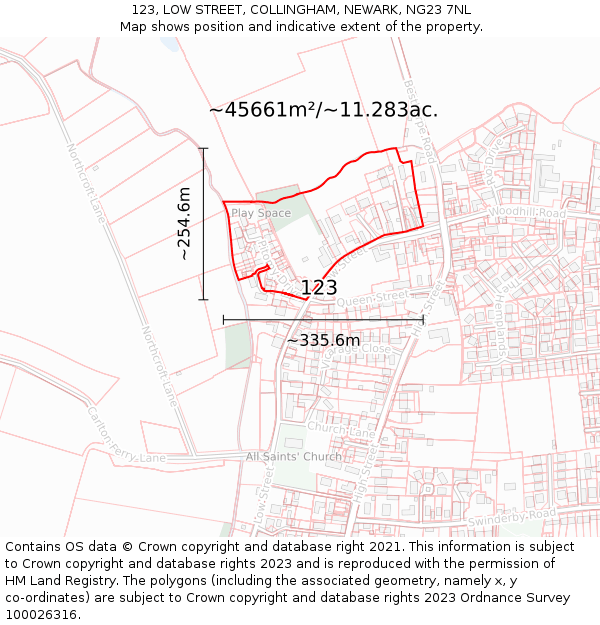 123, LOW STREET, COLLINGHAM, NEWARK, NG23 7NL: Plot and title map