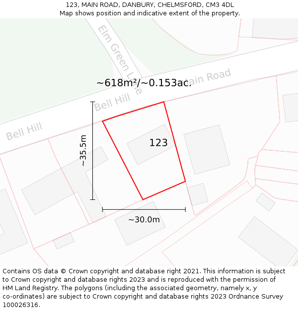 123, MAIN ROAD, DANBURY, CHELMSFORD, CM3 4DL: Plot and title map